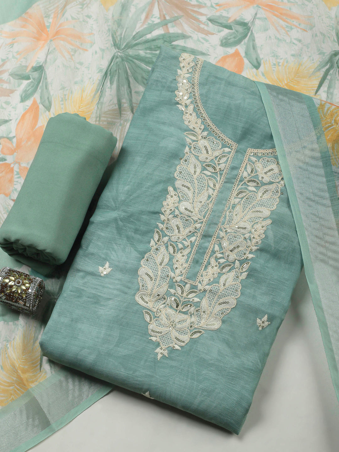 Aqua Green Embroidery Cotton Blend Unstitched Dress Material