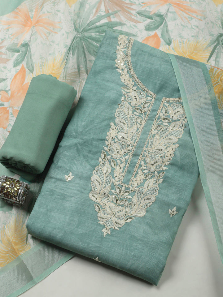 Aqua Green Embroidery Cotton Blend Unstitched Dress Material