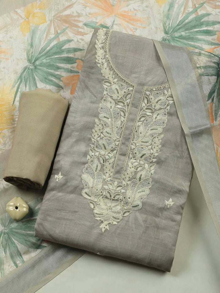 Beige Embroidery Cotton Blend Unstitched Dress Material