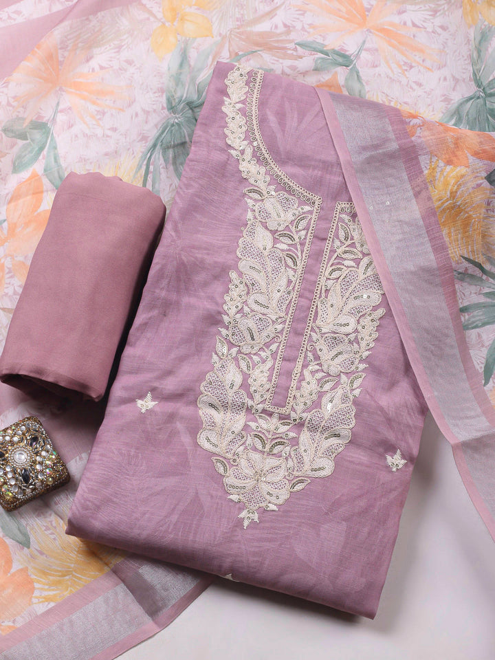 Pink Embroidery Cotton Blend Unstitched Dress Material