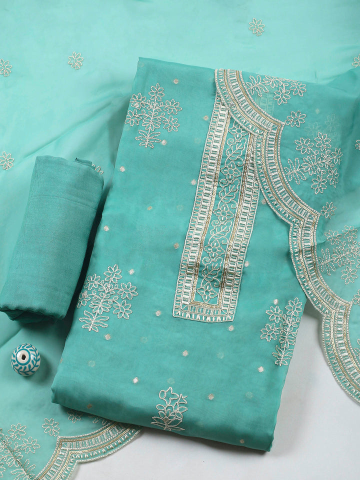 Aqua Green Printed Organza Unstitched Dress Material