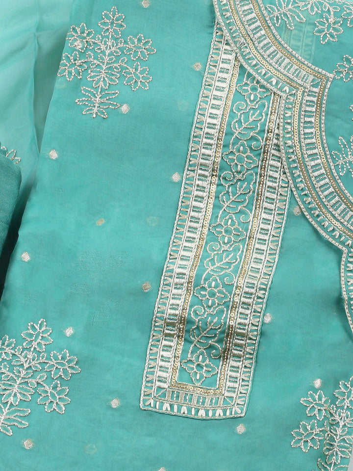 Aqua Green Printed Organza Unstitched Dress Material