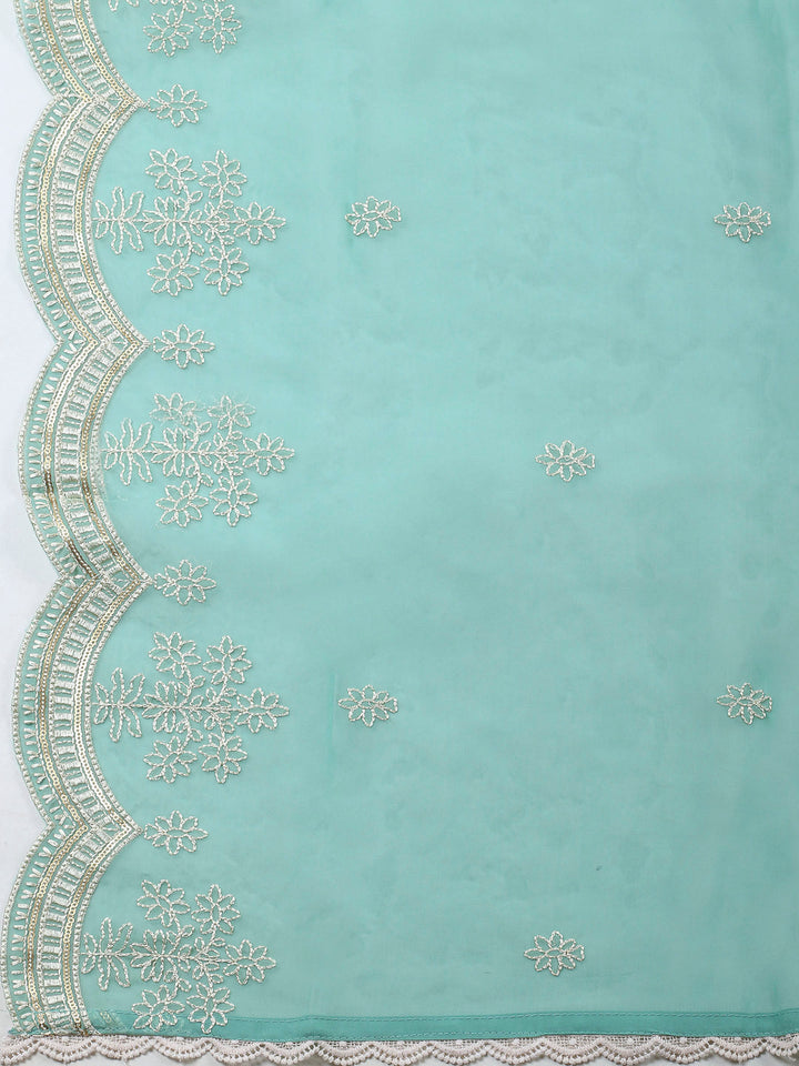 Aqua Green Printed Organza Unstitched Dress Material