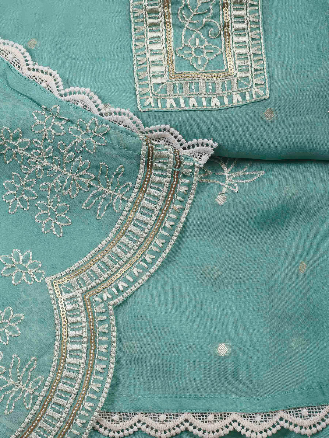 Aqua Green Printed Organza Unstitched Dress Material