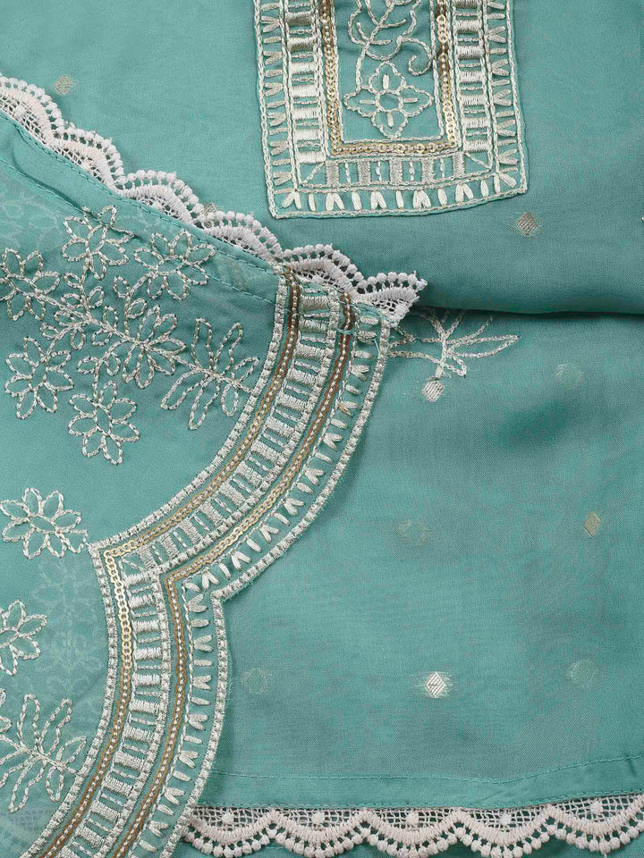 Aqua Green Printed Organza Unstitched Dress Material