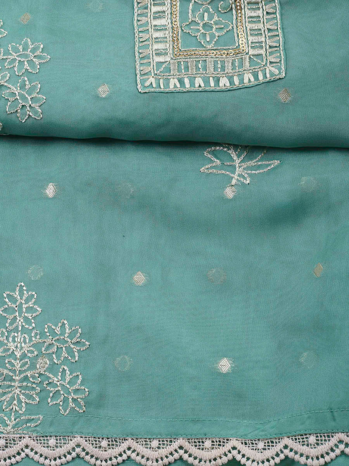 Aqua Green Printed Organza Unstitched Dress Material