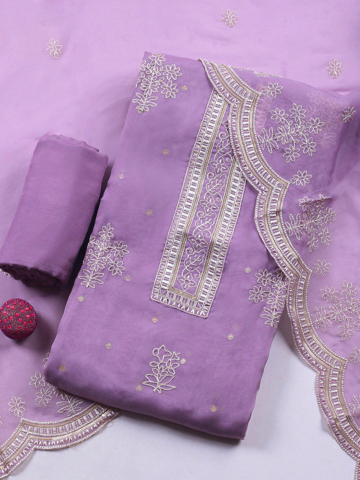 Lavender Printed Organza Unstitched Dress Material