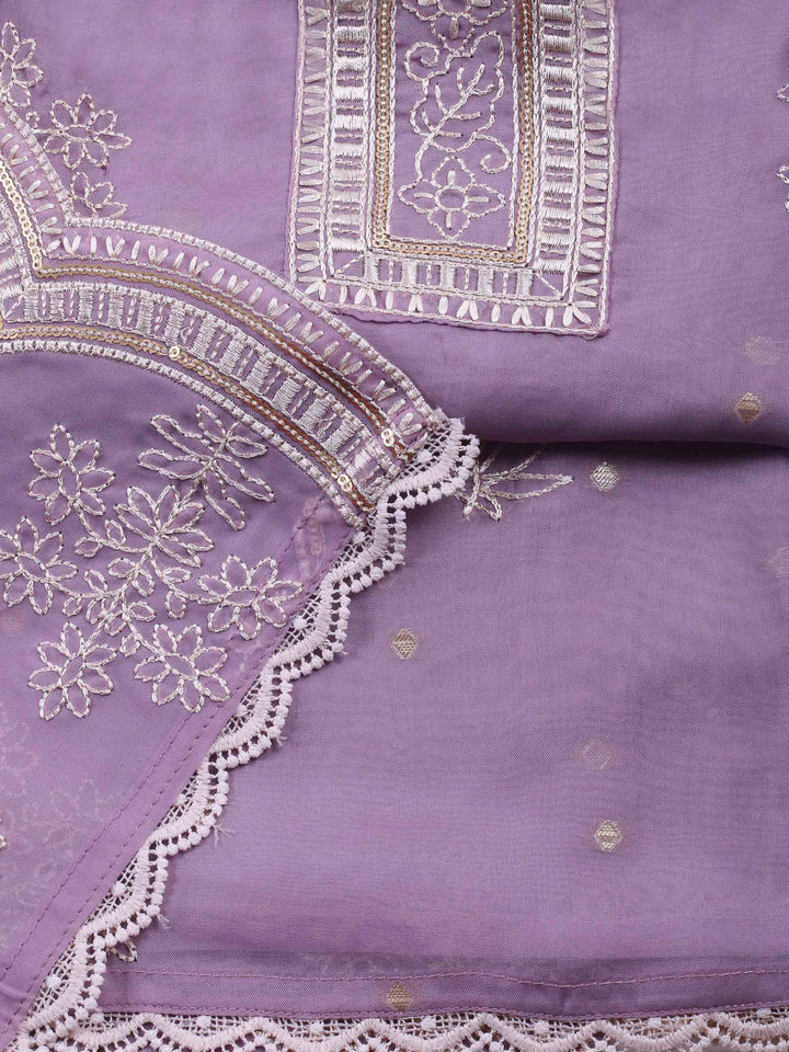 Lavender Printed Organza Unstitched Dress Material