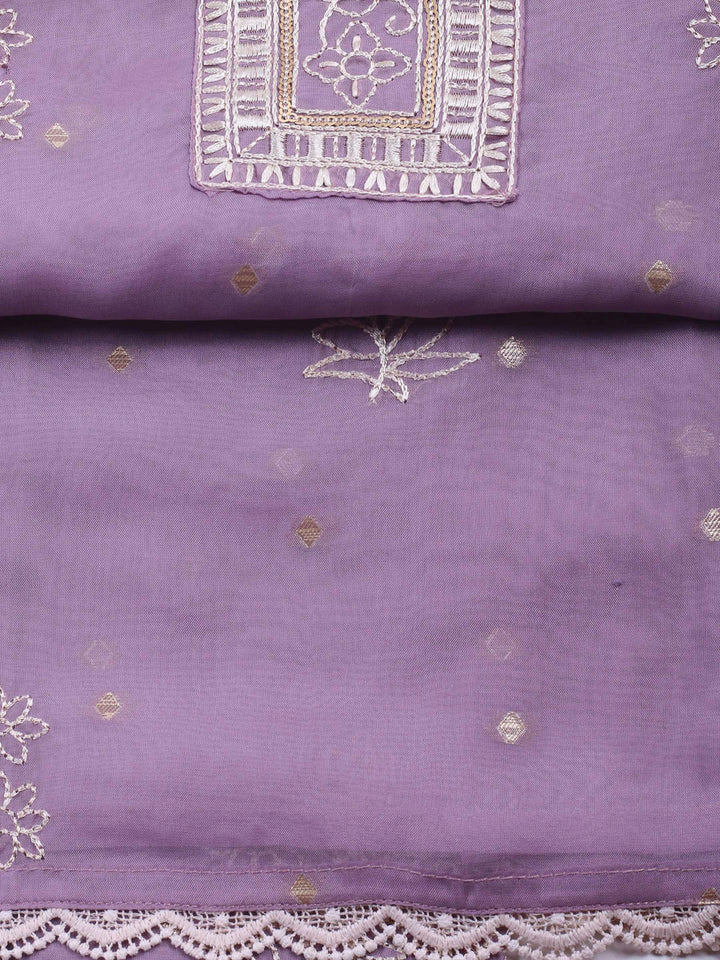 Lavender Printed Organza Unstitched Dress Material