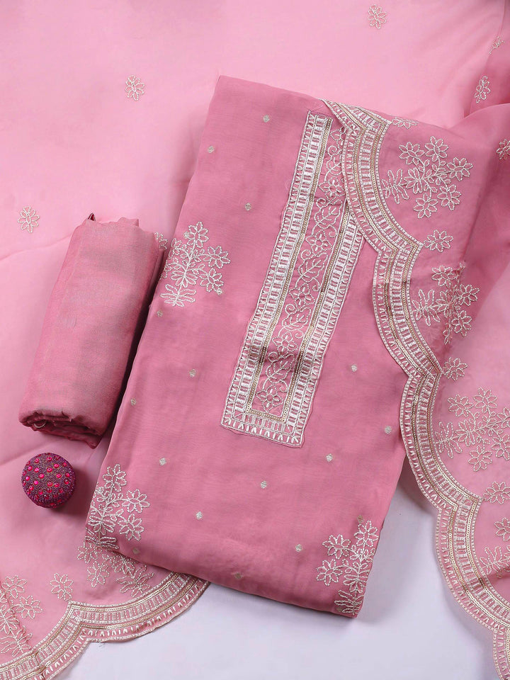 Pink Printed Organza Unstitched Dress Material