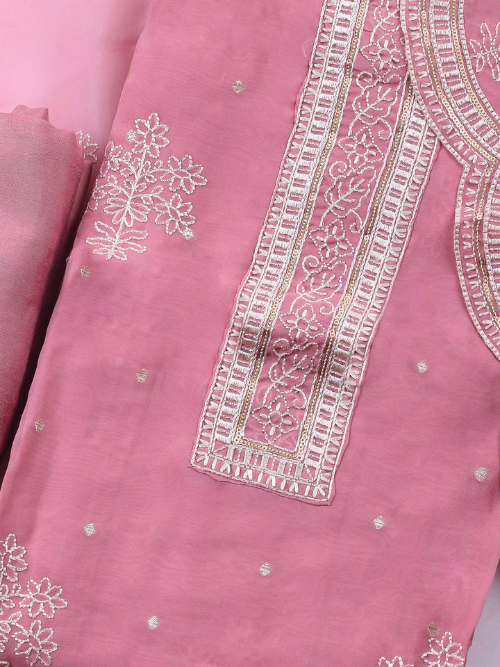 Pink Printed Organza Unstitched Dress Material