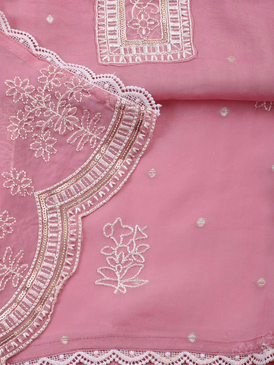 Pink Printed Organza Unstitched Dress Material