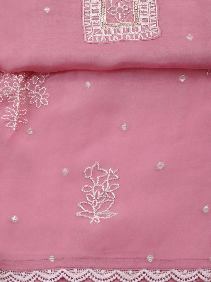 Pink Printed Organza Unstitched Dress Material