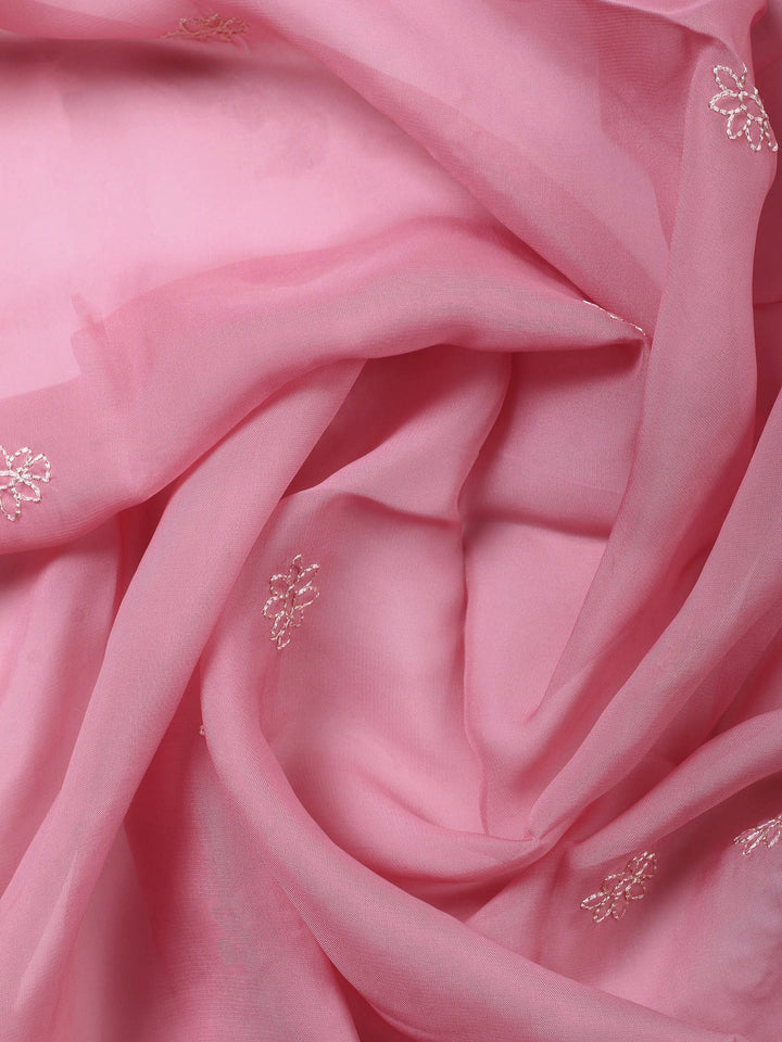 Pink Printed Organza Unstitched Dress Material