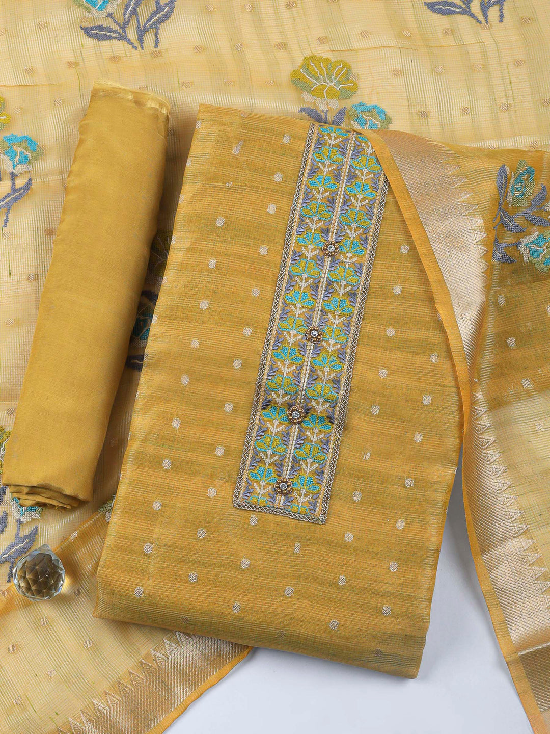 Mustard Printed Tissue Unstitched Dress Material