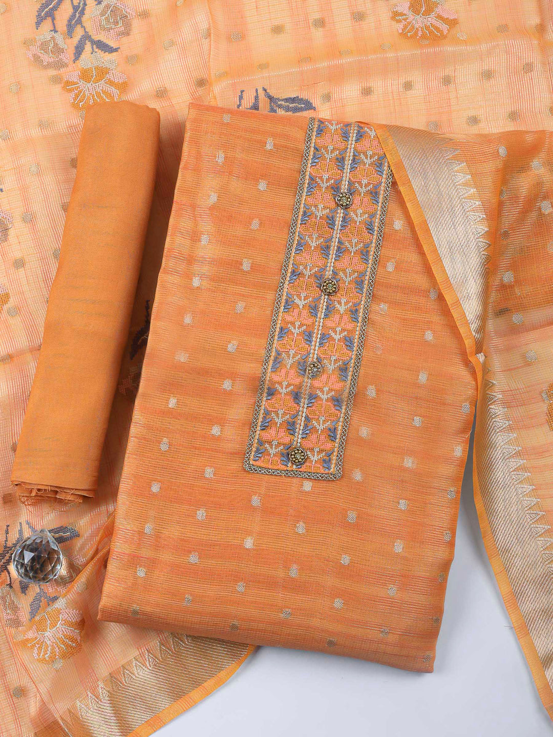Orange Printed Tissue Unstitched Dress Material