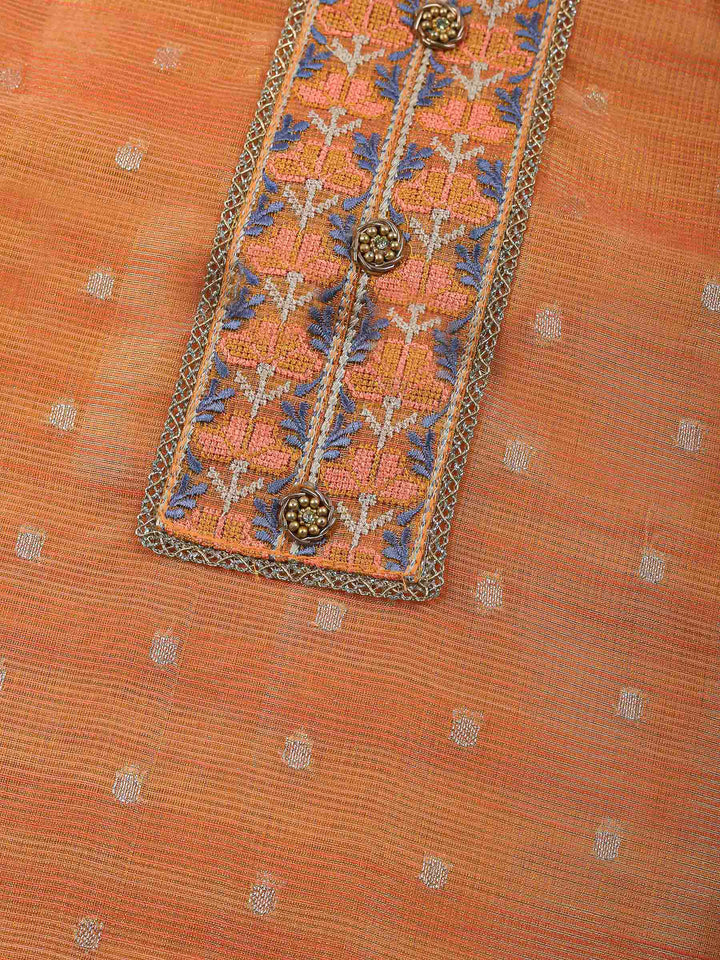 Orange Printed Tissue Unstitched Dress Material