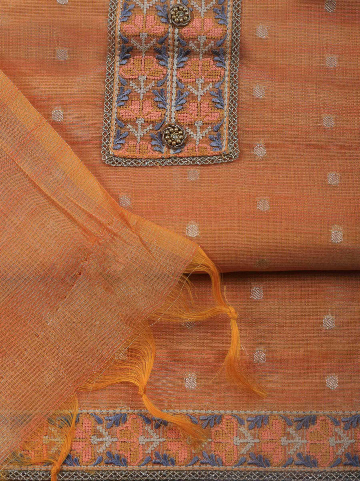 Orange Printed Tissue Unstitched Dress Material