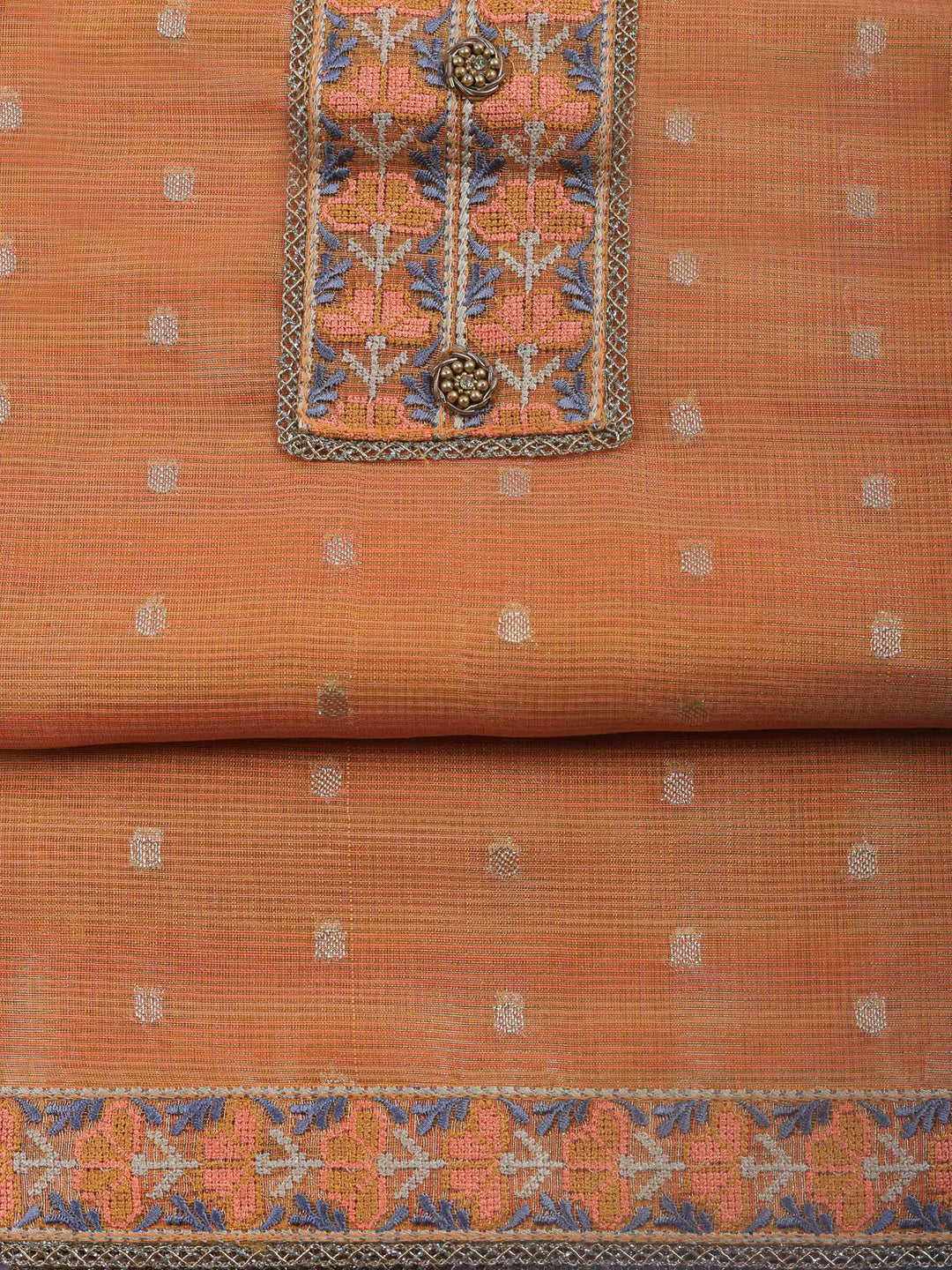 Orange Printed Tissue Unstitched Dress Material