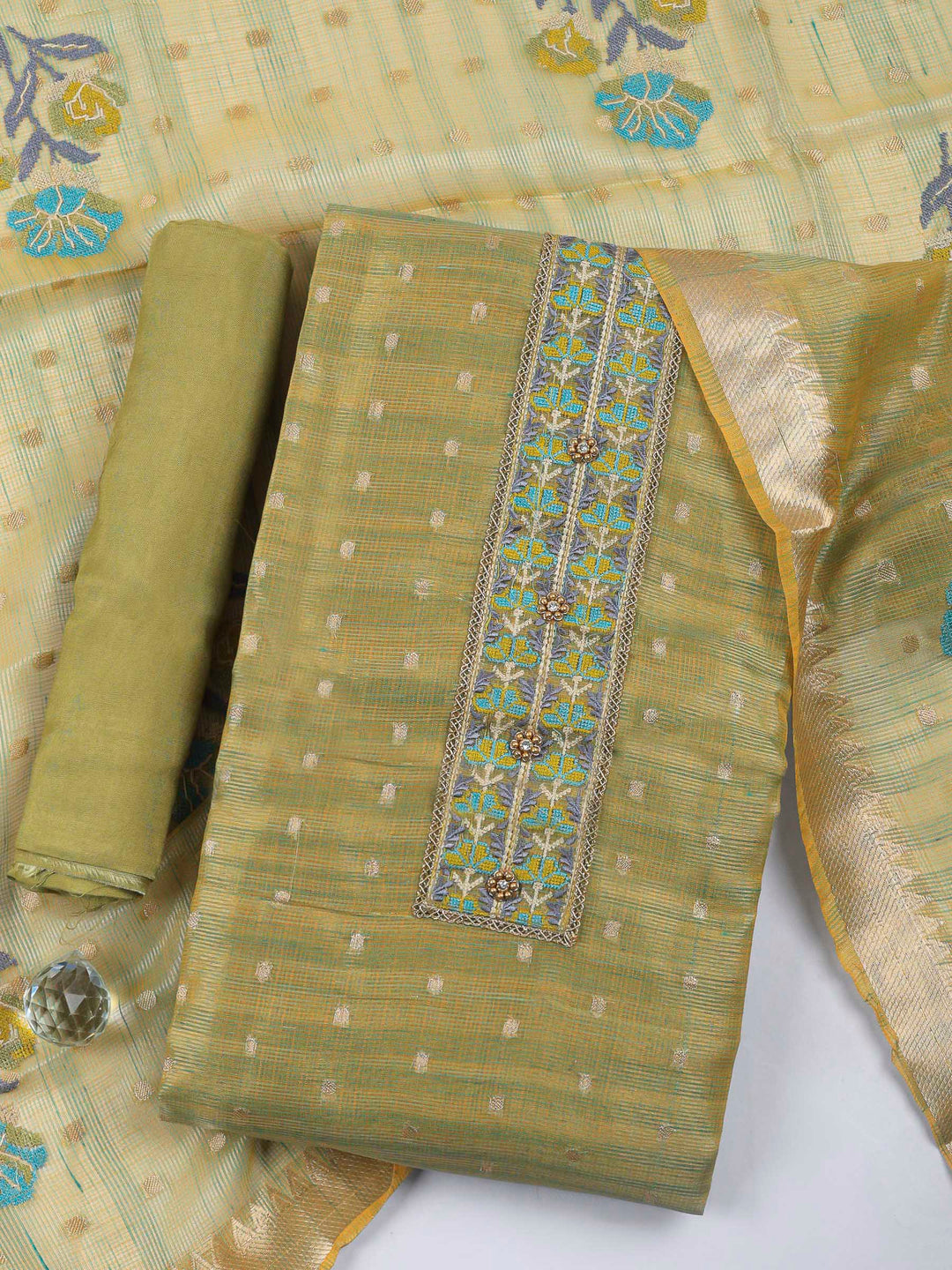 Pista Green Printed Tissue Unstitched Dress Material