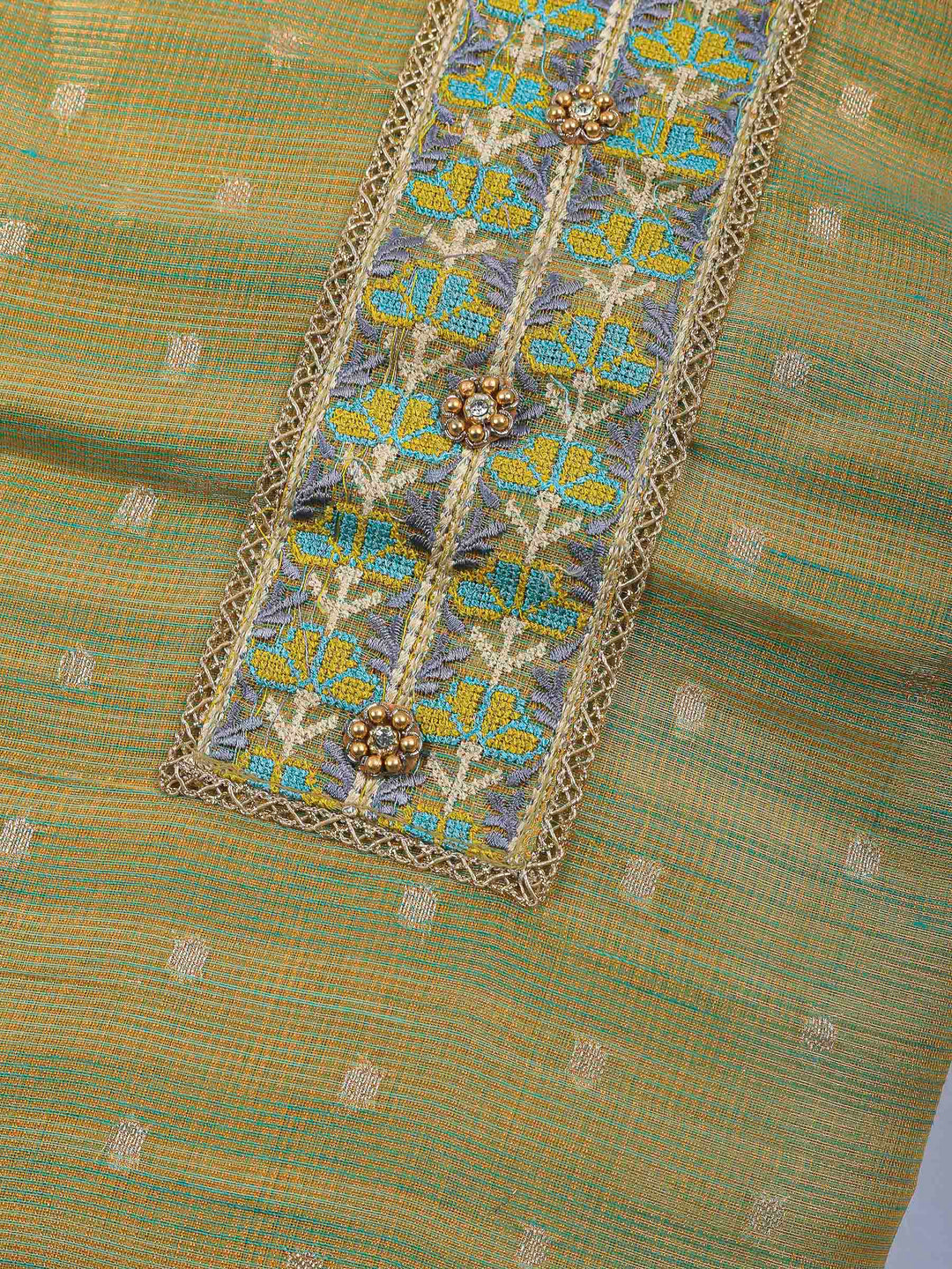 Pista Green Printed Tissue Unstitched Dress Material