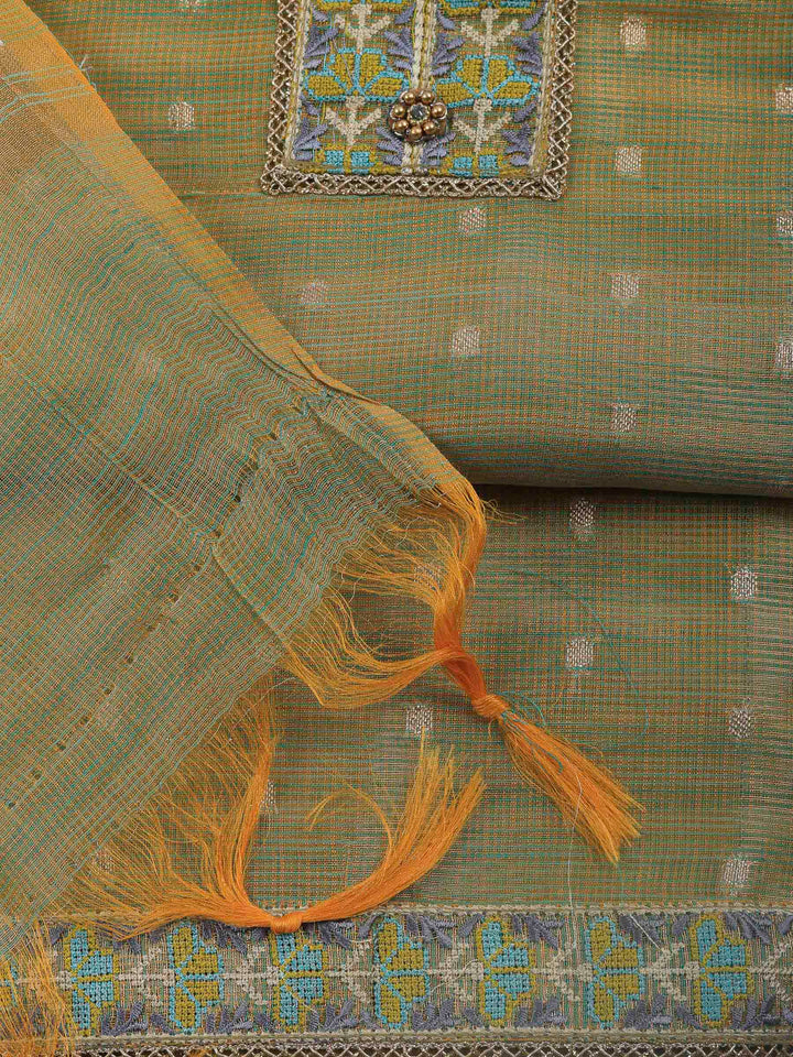 Pista Green Printed Tissue Unstitched Dress Material