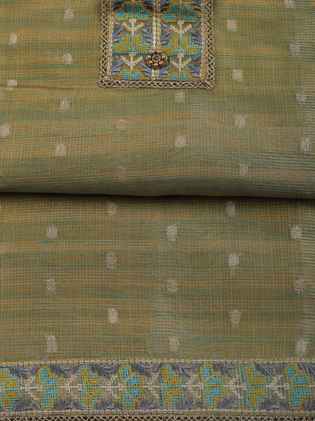 Pista Green Printed Tissue Unstitched Dress Material