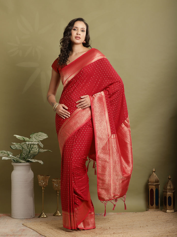 Polka Dot Woven Booti Crepe Saree