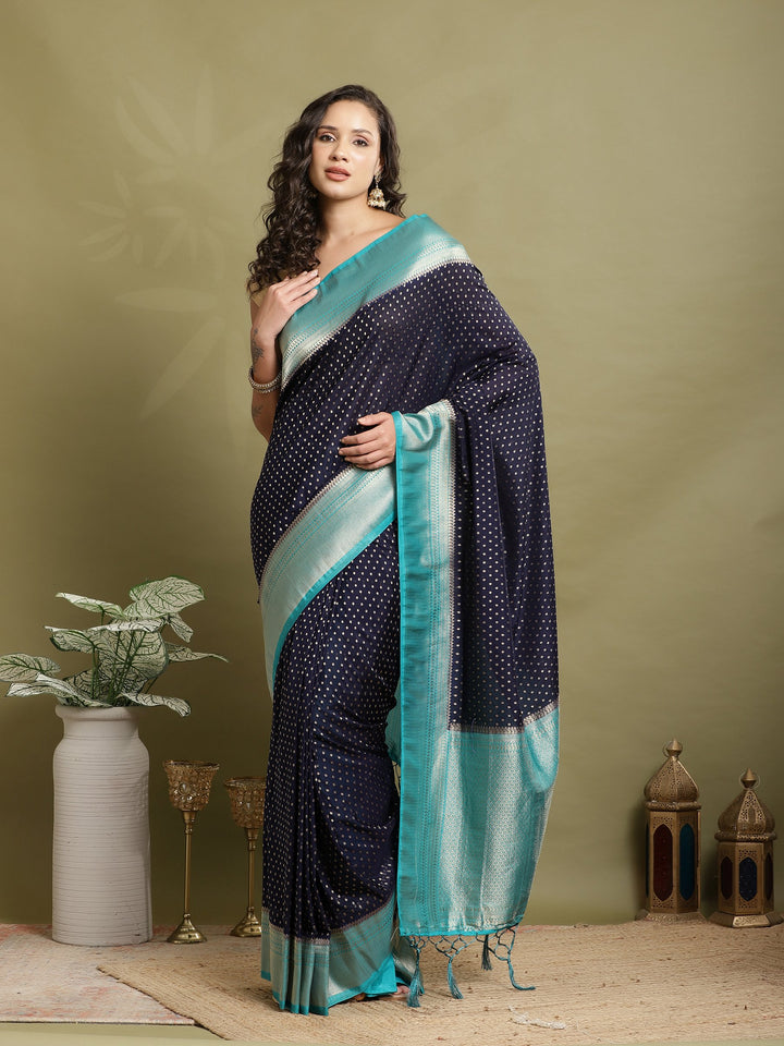 Navy Blue-Firozee Zari Jaal Crepe Saree