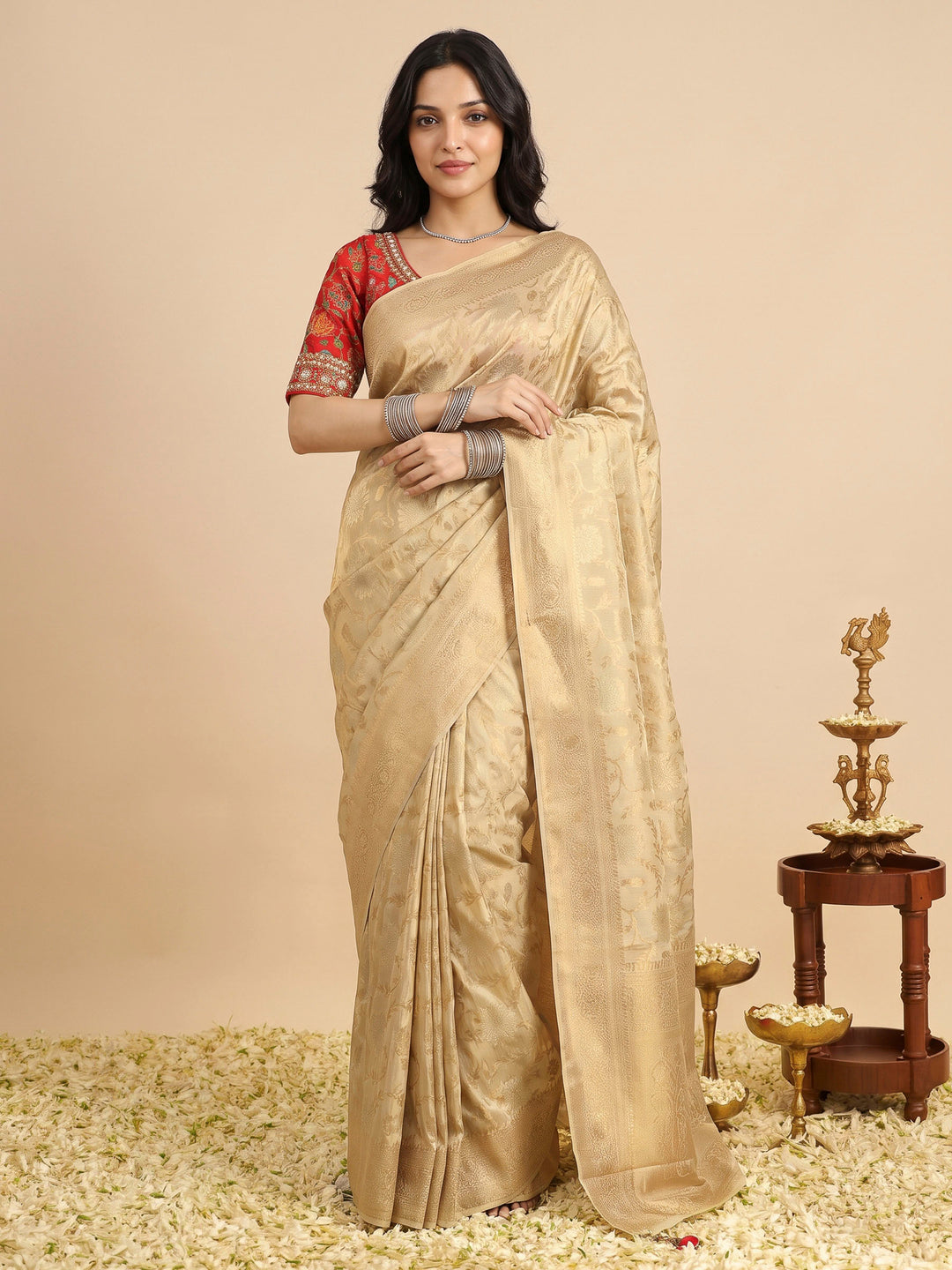 Beige Art Silk Printed Sarees