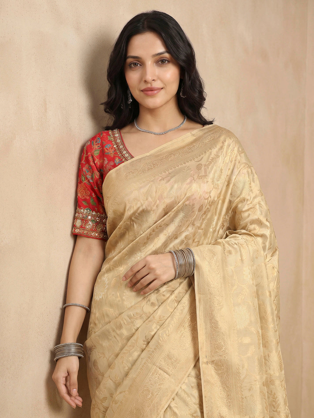 Beige Art Silk Printed Sarees