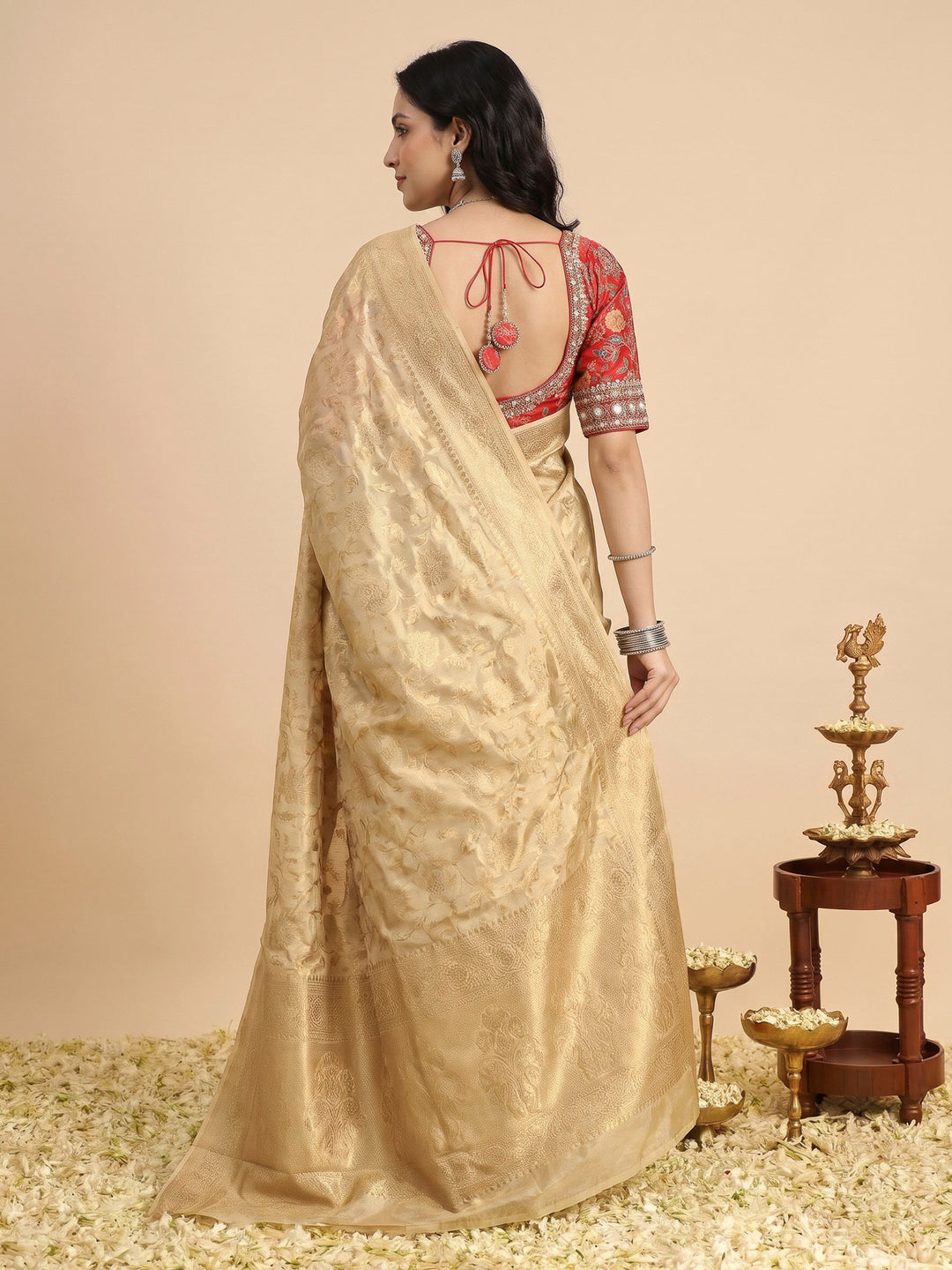 Beige Art Silk Printed Sarees