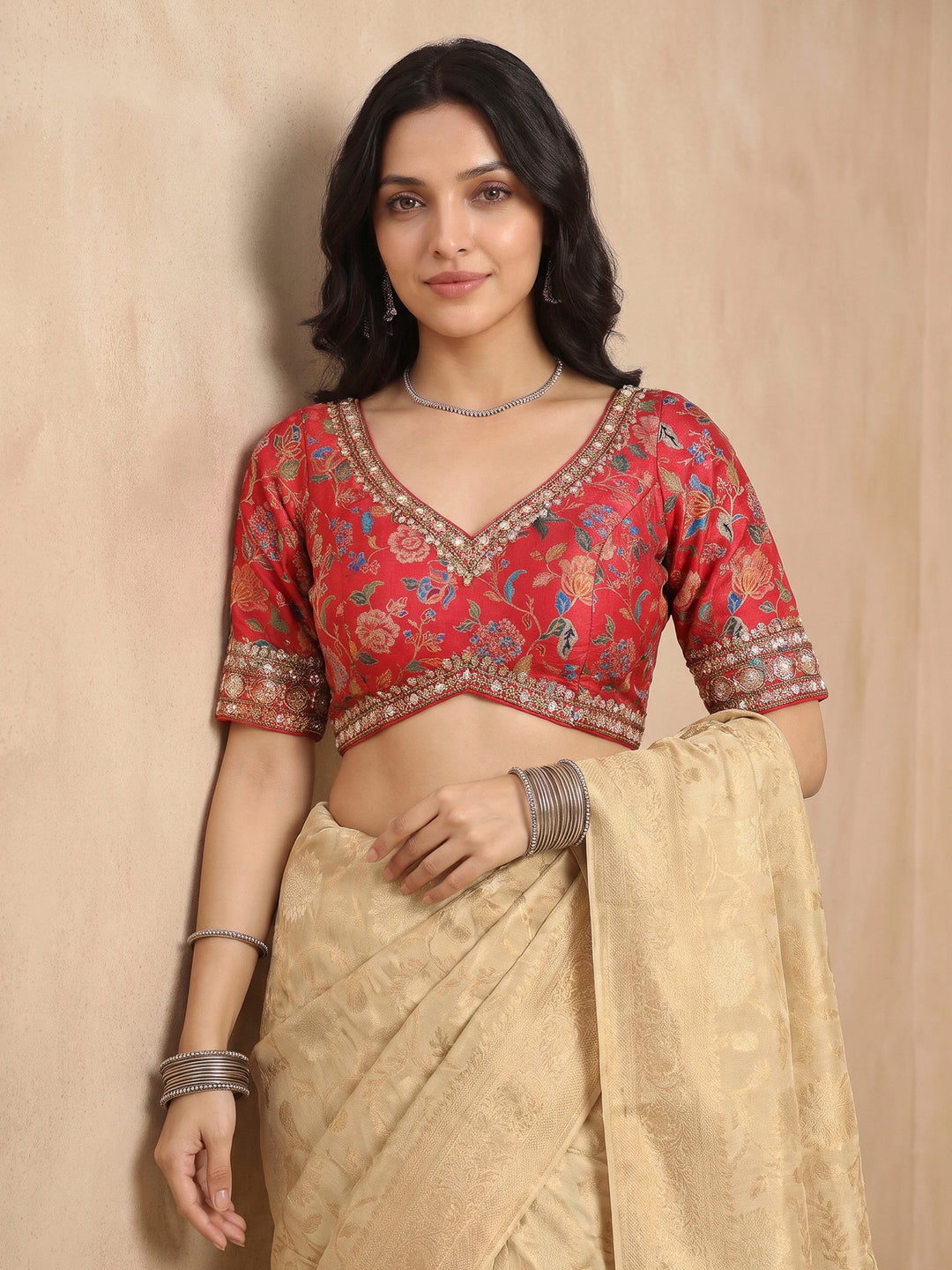 Beige Art Silk Printed Sarees