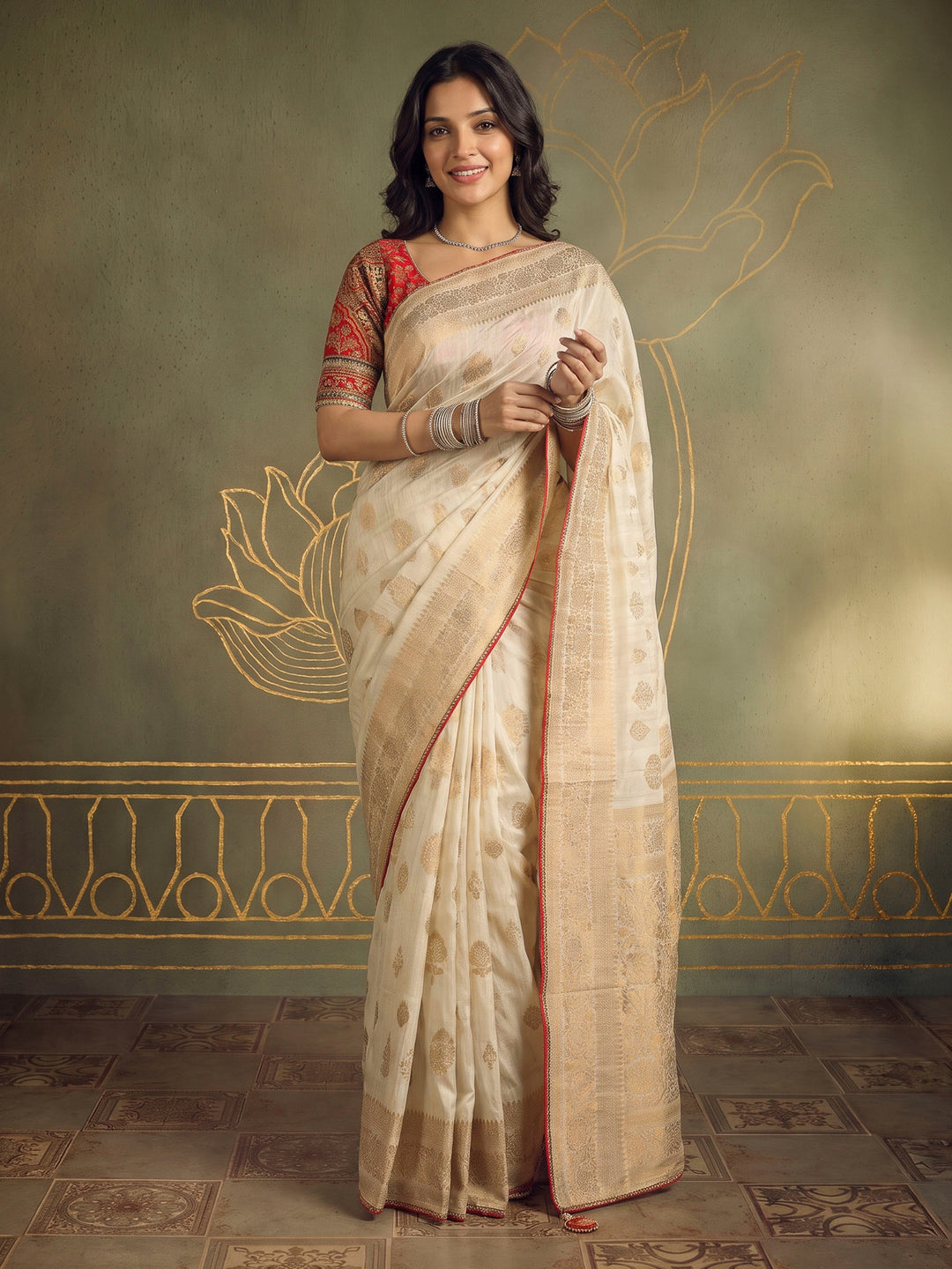 Cream Art Silk Printed Sarees