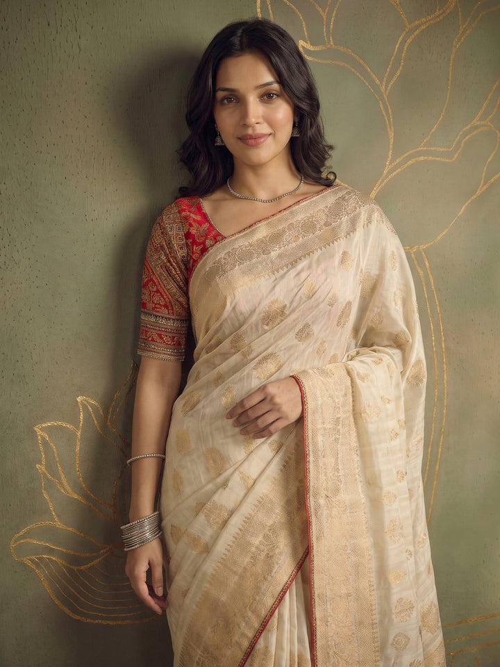 Cream Art Silk Printed Sarees