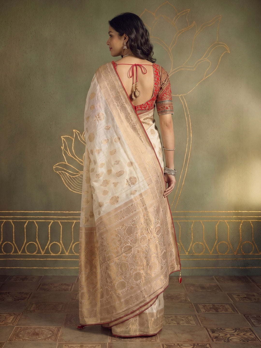 Cream Art Silk Printed Sarees