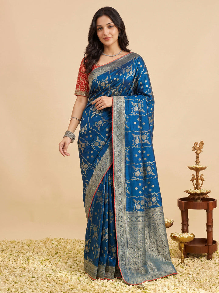 Peacock Blue Art Silk Printed Sarees