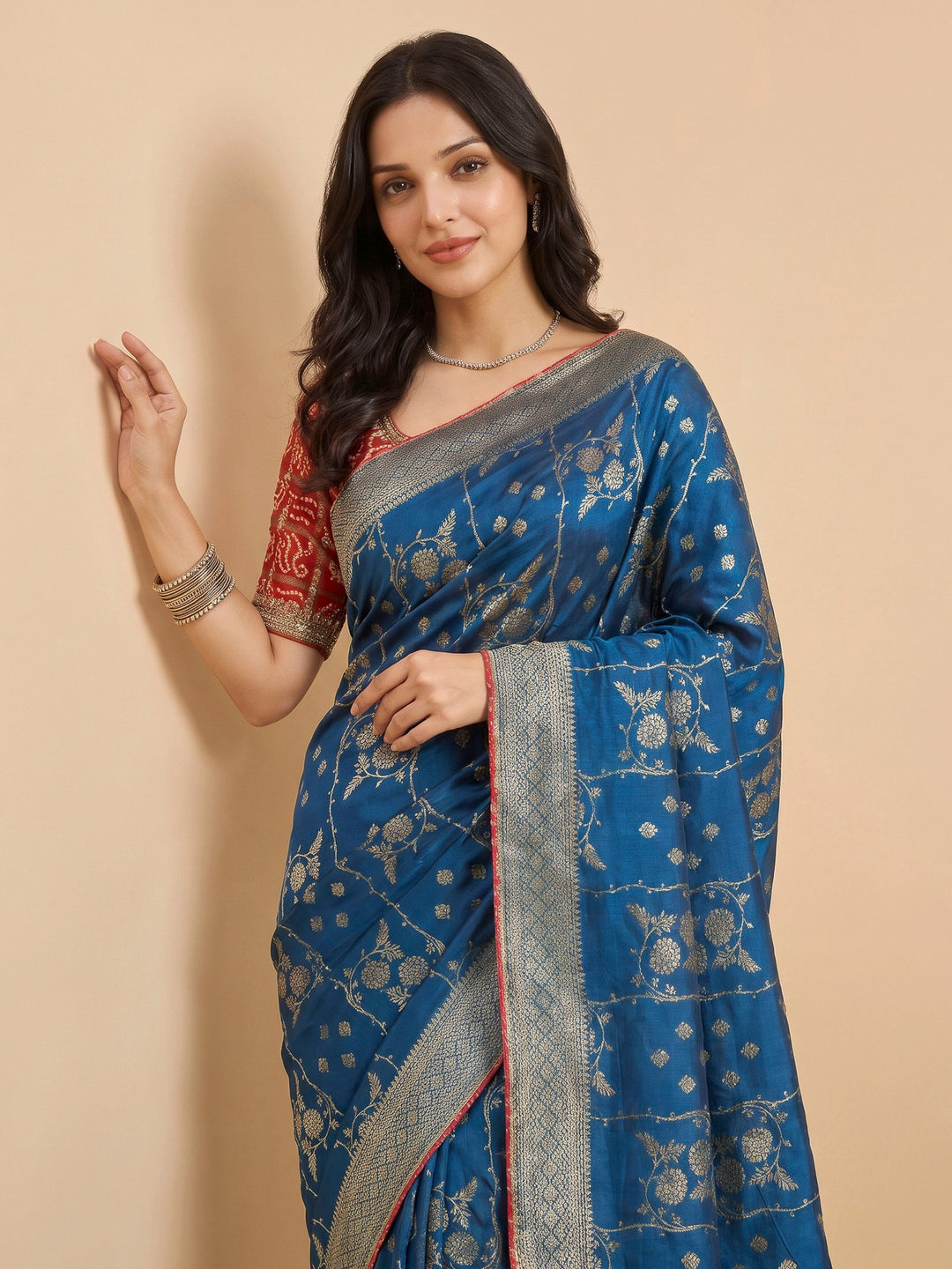 Peacock Blue Art Silk Printed Sarees