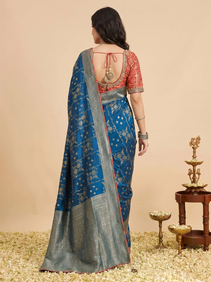 Peacock Blue Art Silk Printed Sarees