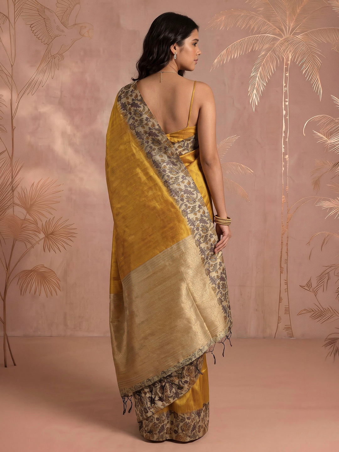 Mustard Art Silk Printed Saree