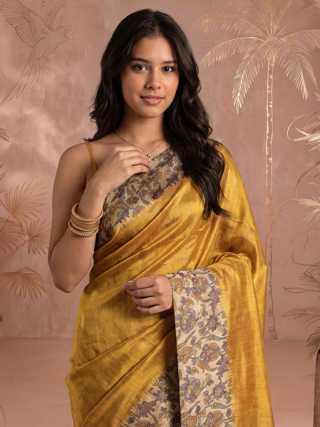 Mustard Art Silk Printed Saree