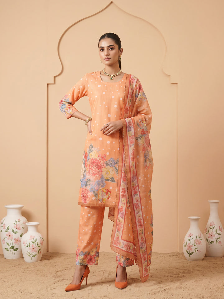 Orange Linen Floral Print Round Neck Suit Set