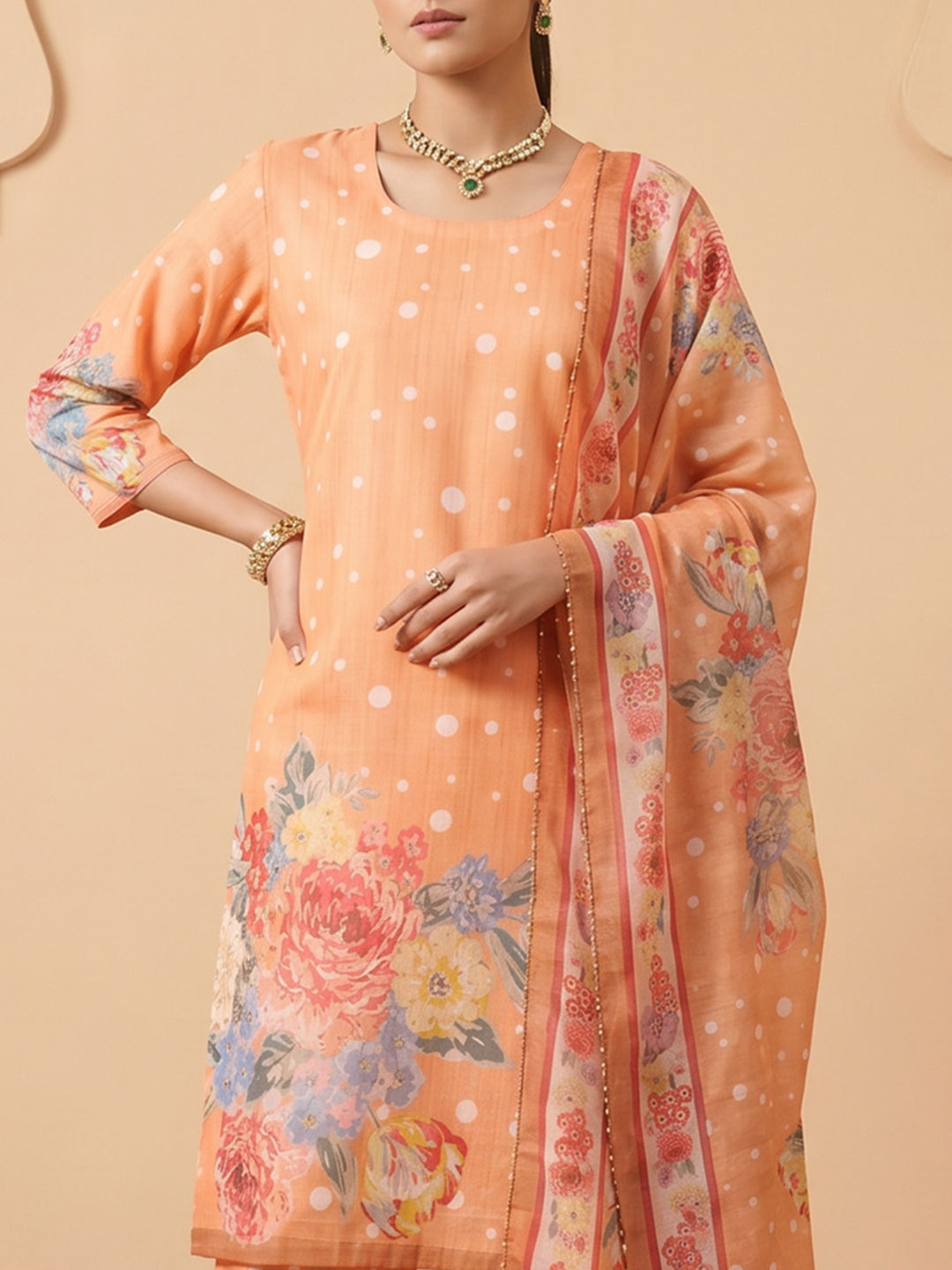 Orange Linen Floral Print Round Neck Suit Set