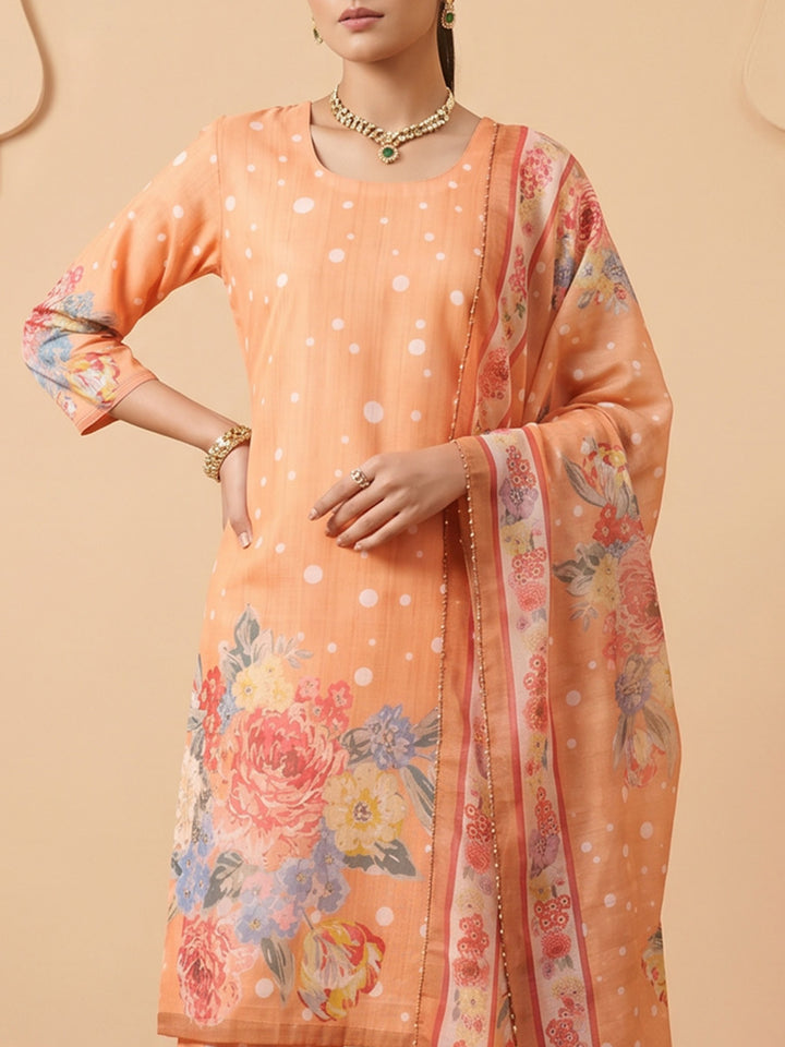 Orange Linen Floral Print Round Neck Suit Set