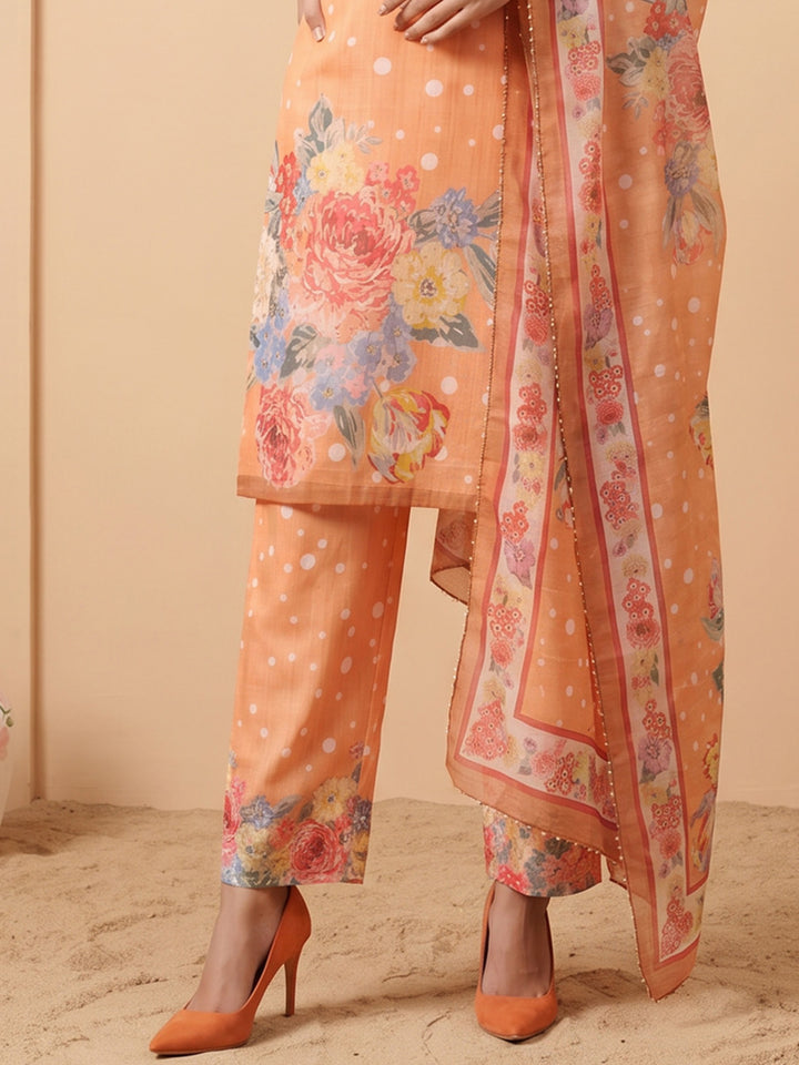 Orange Linen Floral Print Round Neck Suit Set