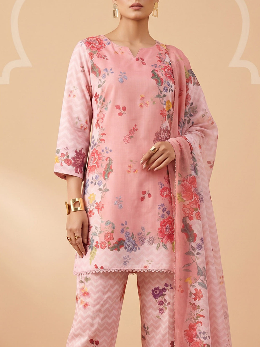 Pink Muslin Floral Print Round Neck Suit Set