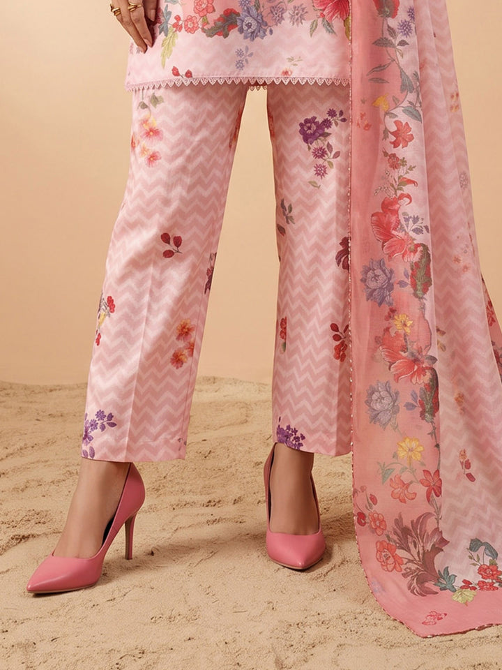 Pink Muslin Floral Print Round Neck Suit Set