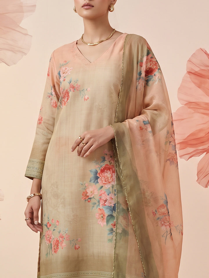 Orange Linen Floral Print V Neck Suit Set