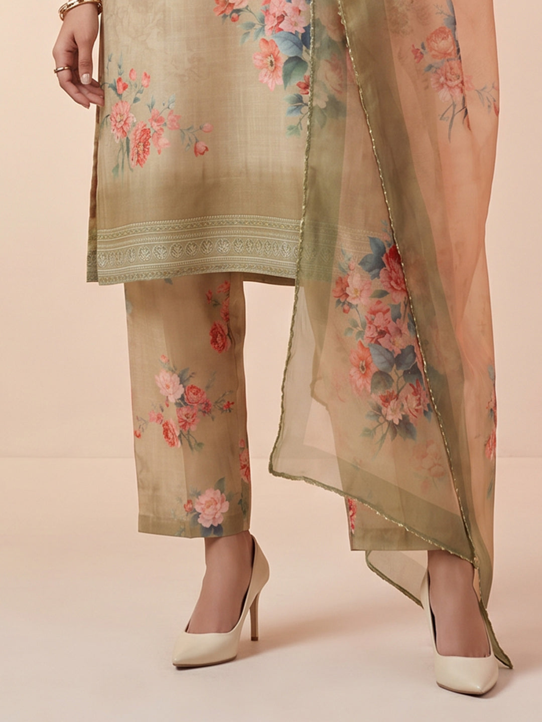 Orange Linen Floral Print V Neck Suit Set