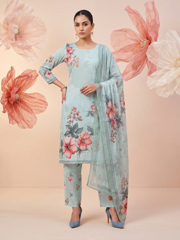 Green Linen Floral Print Round Neck Suit Set